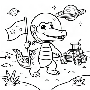 Crocodil astronaut explorând o planetă