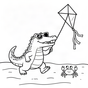Crocodil înălțând un zmeu la plajă