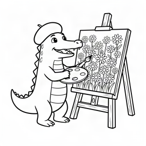 Crocodil pictor pictând un câmp de flori