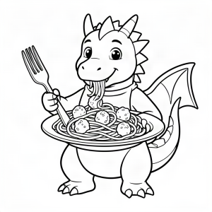 Dragon mâncând spaghete cu o furculiță uriașă