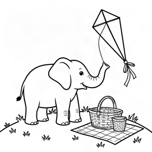 Elefant înălțând un zmeu la picnic