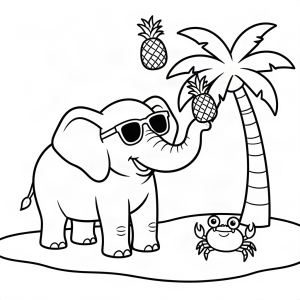 Elefant jonglând cu ananași pe plajă