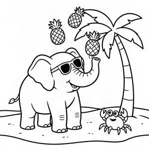 Elefant jonglând cu ananași pe plajă