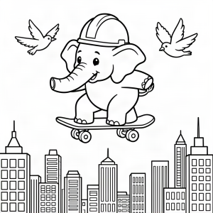 Elefant pe skateboard zburând peste oraș