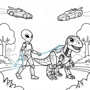 Extraterestru plimbând un dinozaur robot
