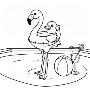 Flamingo în colac rață la piscină