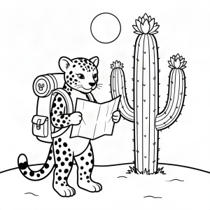 Ghepard citind o hartă în deșertul cu cactuși