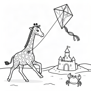 Girafă cu un zmeu pe plajă