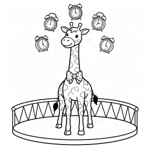 Girafă jonglând cu ceasuri deșteptătoare
