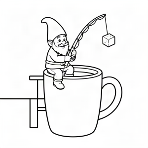 Gnom de grădină pescuind într-o cană de cafea