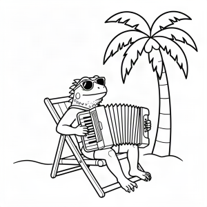 Iguană cântând la acordeon pe plajă