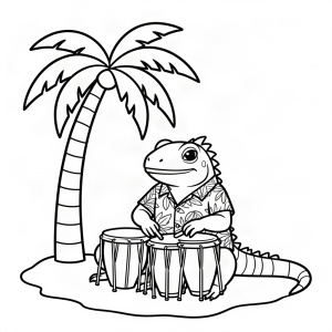 Iguană cântând la bongo sub palmier