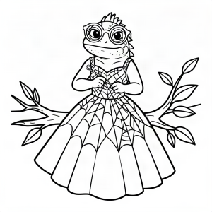 Iguană croitor cosând pânze de păianjen