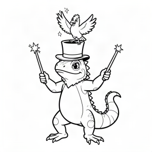 Iguană magician scoțând un porumbel din pălărie