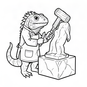 Iguană sculptor cu daltă și ciocan