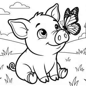 Imagine de Colorat Adorabilă: Fluture pe Nasul unui Purceluș