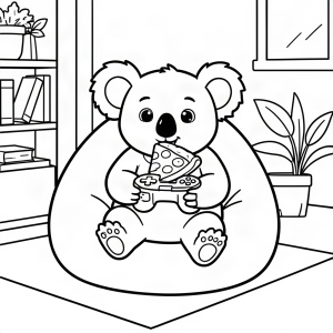 Koala gamer pe puf mâncând pizza