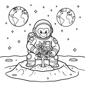 Maimuță astronaut plantând un copac pe Lună