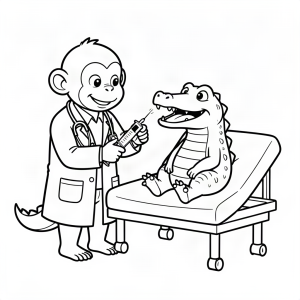 Maimuță doctor vaccinând un crocodil