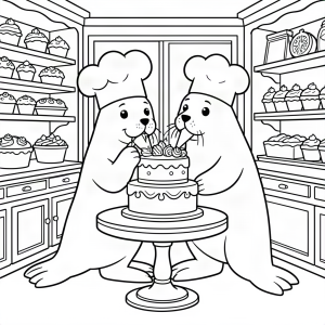 Morsă patiser făcând un tort de nuntă