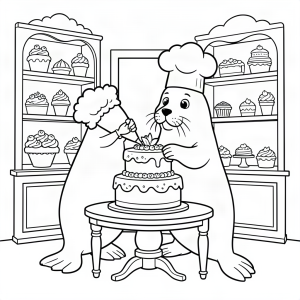 Morsă patiser făcând un tort de nuntă