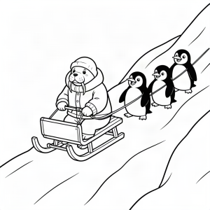 Morsă pe o sanie trasă de pinguini