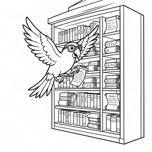 Papagal bibliotecar aranjând pergamente