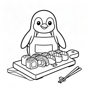 Pinguin bucătar făcând sushi de gheață