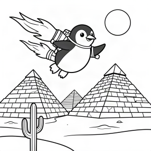 Pinguin cu jetpack zburând peste piramide