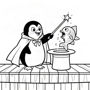 Pinguin magician scoțând un pește din pălărie