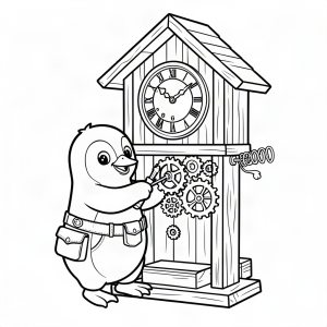 Pinguin mecanic reparând un ceas cu cuc