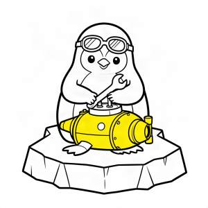 Pinguin mecanic reparând un submarin