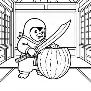 Pinguin ninja tăind un pepene