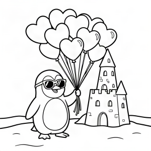 Pinguin vânzând baloane pe plajă