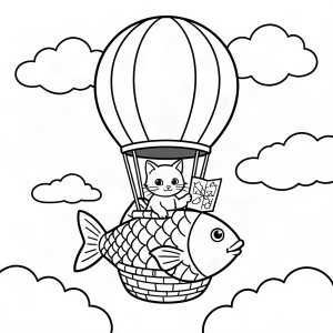 Pisică zburând cu un balon cu aer cald pește