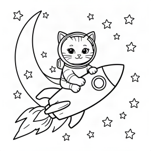 Pisicuță astronaut călărind o rachetă de jucărie