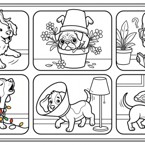 Planșă de Colorat cu Cățeluși Amuzanți și Comici