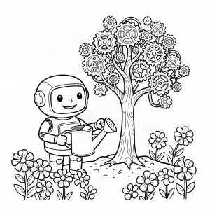 Robot grădinar plantând un copac de metal