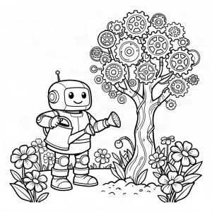 Robot grădinar plantând un copac de metal