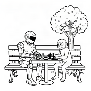 Robot jucând șah cu o maimuță