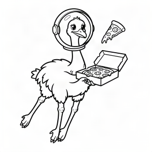 Struț astronaut cu o cutie de pizza