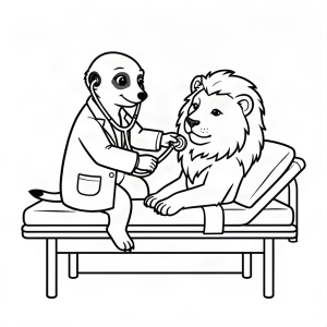 Suricată doctor ascultând inima leului
