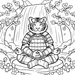 Tigru samurai meditând sub o cascadă
