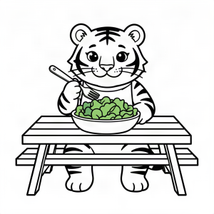 Tigru vegetarian mâncând o salată