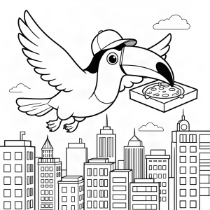 Tucan livrând o cutie de pizza