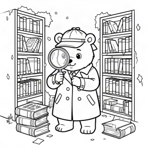 Urs detectiv cu lupă în bibliotecă