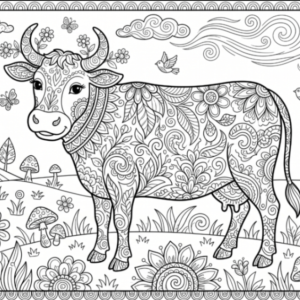 Vaca Fantezie: Desen de Colorat Creativ cu Modele Florale