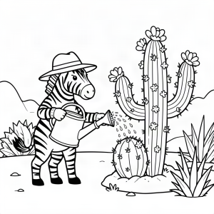 Zebră grădinar udând cactuși uriași