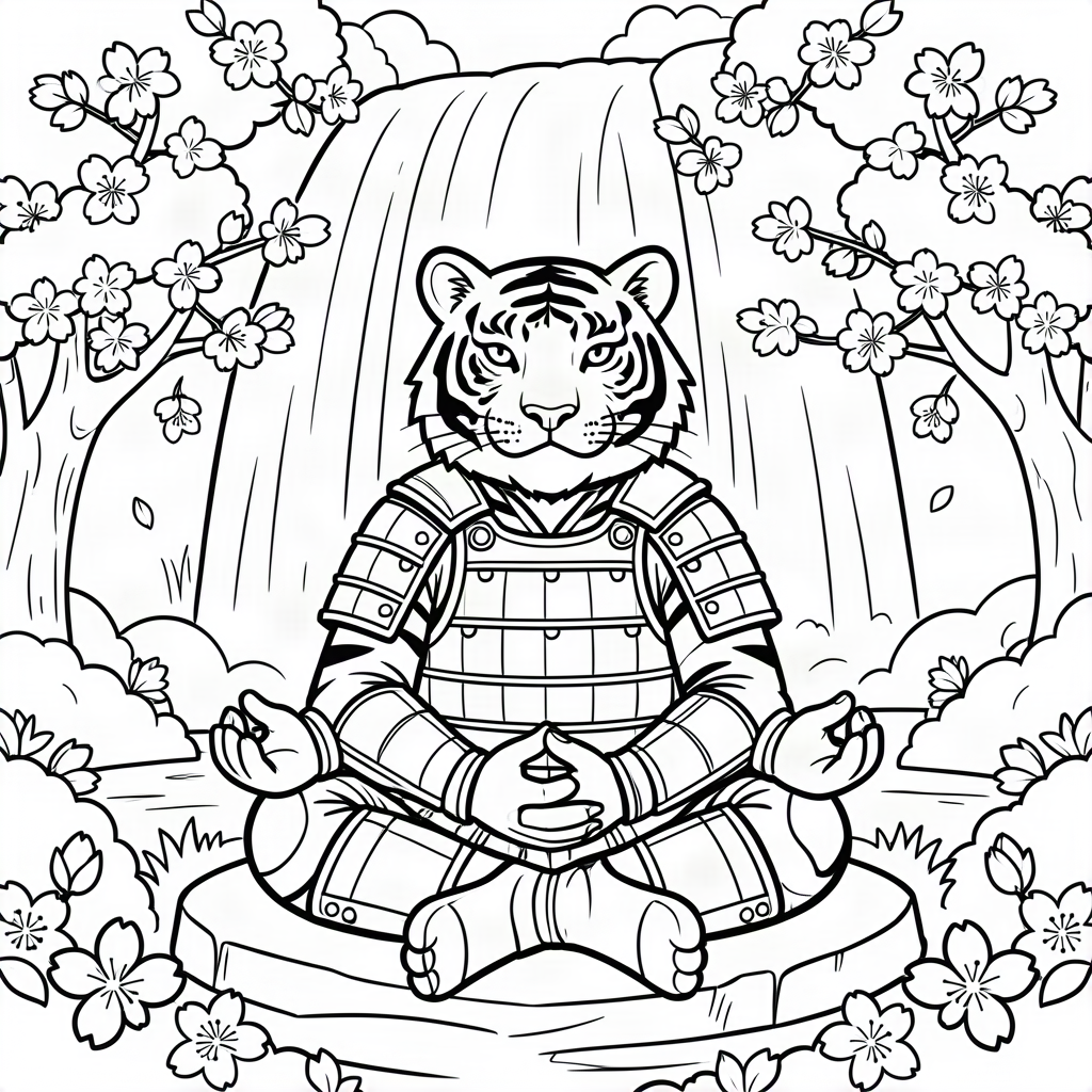 Tigru samurai meditând sub o cascadă