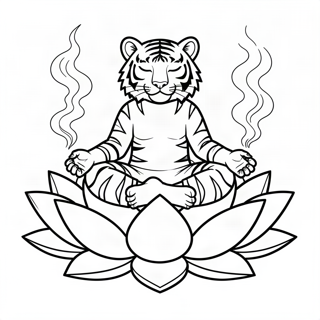Tigru zen meditând pe o floare de lotus